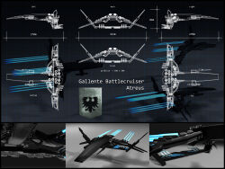 Rule 34 | 3d, character sheet, commentary, concept art, cruiser (eve online), emblem, eve online, gallente federation (eve online), glint, glowing, highres, military vehicle, multiple views, nivistigris, no humans, original, science fiction, spacecraft, thrusters, vehicle focus