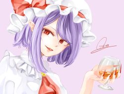 Rule 34 | 1girl, alcohol, ascot, bad id, bad pixiv id, bow, cup, cupping glass, drinking glass, eyelashes, fangs, fingernails, frilled shirt collar, frills, hair between eyes, hat, hat bow, head tilt, holding, holding cup, holding drinking glass, light purple hair, lipstick, makeup, mascara, mob cap, nail polish, open mouth, pointy ears, purple background, red bow, red eyes, red lips, red nails, remilia scarlet, sharp fingernails, shirt, short hair, short sleeves, sidelocks, signature, simple background, slit pupils, smile, solo, souta (karasu no ouchi), tongue, touhou, vampire, white hat, white shirt, wine glass