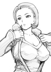 Rule 34 | 10s, 1girl, breasts, captain earth, cleavage, collarbone, earrings, greyscale, jewelry, large breasts, mature female, monochrome, parted lips, short hair, sketch, solo, ueyama michirou, undressing, uniform, yomatsuri tsubaki
