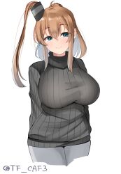Rule 34 | 1girl, alternate costume, blue eyes, breasts, brown hair, cowboy shot, denim, grey shirt, hair between eyes, high side ponytail, jeans, kantai collection, large breasts, long hair, long sleeves, looking at viewer, pants, ponytail, ribbed shirt, saratoga (kancolle), shirt, side ponytail, smokestack hair ornament, solo, tf cafe, twitter username, white background