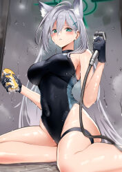Rule 34 | 1girl, ahoge, alternate costume, animal ear fluff, animal ears, black gloves, blue archive, blue eyes, blush, breasts, broken halo, choker, competition swimsuit, cosplay, dark halo, extra ears, gloves, grey hair, halo, highres, holding, holding sponge, large breasts, long hair, looking at viewer, one-piece swimsuit, parted lips, shiroko (blue archive), shiroko (swimsuit) (blue archive) (cosplay), shiroko terror (blue archive), showgirl skirt, solo, sponge, swimsuit, thigh strap, wet, wolf ears, yoshimoto (carpsukidayo)