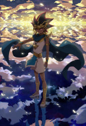 Rule 34 | 1boy, armband, atem, cape, cloud, dark skin, dark-skinned male, different reflection, earrings, highres, jewelry, liusang, male focus, millennium puzzle, multicolored hair, pendant, red eyes, reflection, solo, yu-gi-oh!, yuu-gi-ou, yu-gi-oh! duel monsters