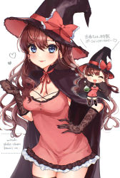 Rule 34 | 1girl, :3, :p, absurdres, bad id, bad pixiv id, black cape, black gloves, black headwear, black thighhighs, blue eyes, blush, bow, breasts, brown hair, cape, chibi, cleavage, collarbone, dress, earrings, floral print, gloves, hair between eyes, hand on own hip, hat, hat bow, heart, heart earrings, highres, ichinose shiki, idolmaster, idolmaster cinderella girls, jewelry, kudou (sikisiki0000), long hair, looking at viewer, medium breasts, pink bow, pink dress, simple background, smile, thighhighs, tongue, tongue out, translation request, wavy hair, white background, witch, witch hat, zettai ryouiki