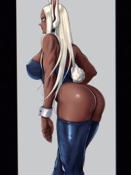 Rule 34 | 1girl, animal ears, ass, black leotard, boku no hero academia, breasts, closed mouth, commentary, cowboy shot, dark-skinned female, dark skin, detached collar, english commentary, from behind, grey background, highleg, highleg leotard, highres, hihizaru badass, large breasts, leotard, long hair, looking afar, mirko, parted bangs, playboy bunny, rabbit ears, rabbit tail, red eyes, sidelocks, silver hair, simple background, smile, straight hair, strapless, strapless leotard, tail, thighhighs, thighs, thong leotard, wrist cuffs