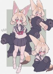Rule 34 | 1girl, absurdres, animal ear fluff, animal ears, arm up, black jacket, blonde hair, blush, border, bow, closed mouth, commentary request, cropped torso, disembodied limb, double bun, fox ears, fox girl, fox tail, full body, green background, grey sailor collar, grey skirt, hair bun, hands up, highres, jacket, jacket partially removed, kneehighs, long sleeves, looking at viewer, megateru, miniskirt, motion lines, multiple views, no shoes, nose blush, notice lines, open clothes, open jacket, original, outside border, pleated skirt, puffy long sleeves, puffy sleeves, red bow, red eyes, sailor collar, sailor shirt, school uniform, serafuku, shirt, shirt bow, short hair, short sleeves, simple background, skirt, sleeve cuffs, sleeves past fingers, sleeves past wrists, socks, standing, tail, white border, white shirt, white socks, wide-eyed