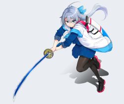 Rule 34 | 1girl, ahoge, angry, black pantyhose, blue eyes, blue jacket, blue shirt, blue skirt, bow, breasts, check copyright, commentary request, copyright request, full body, hair between eyes, hair bow, highres, holding, holding sword, holding weapon, jacket, katana, long hair, long sleeves, looking at viewer, original, pantyhose, pink footwear, pleated skirt, ponytail, purple hair, rurie (lourie), shirt, shoes, short sleeves, simple background, skirt, solo, sword, weapon, white background, white bow, white jacket