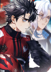Rule 34 | 2boys, bishounen, black gloves, black hair, black mask, blurry, blurry background, commentary, eyelashes, genshin impact, gloves, grey hair, hair between eyes, helmet, holding, holding helmet, holding mask, jacket, long hair, long sleeves, looking ahead, male focus, mask, messy hair, multiple boys, neuvillette (genshin impact), official alternate costume, onegingek, parted lips, patch, racing suit, red jacket, scar, scar on face, scar on neck, shirt, short hair, sideburns, sweatdrop, symbol-only commentary, white hair, white shirt, wriothesley (genshin impact)