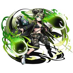 Rule 34 | 10s, 1girl, aqua eyes, bikini, bikini top only, black coat, black pantyhose, boots, camouflage, camouflage pants, coat, divine gate, fire, full body, gas cylinder, gas mask, green fire, green hair, high heels, leggings, leggings under shorts, long coat, looking at viewer, mask, official art, pants, pantyhose, shadow, short hair, shorts, spirit, standing, swimsuit, transparent background, ucmm, white footwear, wind pier (divine gate)