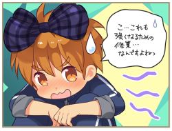 Rule 34 | 1boy, blush, bow, brown eyes, brown hair, eco (petticoat), eyebrows, forked eyebrows, hair bow, male focus, official art, open mouth, pop-up story, selim spark, short hair, solo, sportswear, wavy mouth
