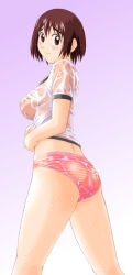 Rule 34 | 1girl, ass, ayase fuuka, blush, bottomless, breasts, brown eyes, brown hair, eyebrows, gradient background, lace, lace-trimmed panties, lace trim, large breasts, looking at viewer, looking back, no pants, panties, red panties, see-through, shirt, short hair, sideboob, simple background, solo, standing, striped clothes, striped panties, thick eyebrows, underwear, wet, wet clothes, wet panties, wet shirt, yotsubato!