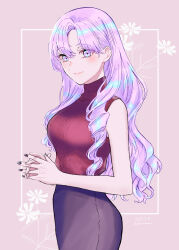 Rule 34 | 1girl, absurdres, bare arms, black nails, black skirt, blush, closed mouth, commentary request, cowboy shot, dated, drill hair, flower, highres, hyakumantenbara salome, long hair, looking at viewer, nijisanji, own hands together, pink background, purple eyes, purple hair, red sweater, ribbed sweater, simple background, skirt, sleeveless, sleeveless sweater, solo, sweater, twitter username, virtual youtuber, yuri kyanon