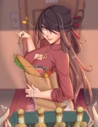 Rule 34 | 1girl, alcohol, apartment, bad id, bad pixiv id, bag, baguette, beidou (genshin impact), bread, breasts, brown hair, casual, cleavage, cleavage cutout, cleru (cleruuuuu), clothing cutout, contemporary, food, food focus, fruit, genshin impact, groceries, grocery bag, highres, holding, holding key, indoors, key, long hair, long sleeves, looking at viewer, meat, musical note, orange (fruit), paper bag, pov, red eyes, red shirt, shirt, shopping bag, sleeves rolled up, smile, spoken musical note, tomato