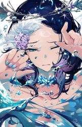 Rule 34 | 1girl, breasts, cleavage, closed mouth, fingernails, flower, green eyes, hair flower, hair ornament, hirai yuzuki, long hair, looking at viewer, nail polish, original, simple background, solo, tearing up, tears, upper body