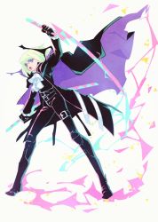 Rule 34 | arm up, belt, biker clothes, black gloves, black jacket, cloak, ascot, fire, frilled sleeves, frills, gloves, green hair, holding, holding weapon, jacket, katana, kiharatta, lio fotia, long hair, male focus, multiple belts, open mouth, promare, purple eyes, sword, weapon