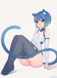 Rule 34 | 1girl, animal ears, blue eyes, blue hair, borrowed character, bottomless, cat ears, cat tail, chicapixel, cleft of venus, detached sleeves, highres, leotard, matching hair/eyes, pussy, pussy juice, short hair, sitting, solo, tail, thighhighs, uncensored