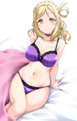 Rule 34 | 1girl, :3, absurdres, arm support, bare arms, bed, bed sheet, black choker, blanket, blonde hair, blush, bra, braid, breasts, choker, cleavage, collarbone, crossed legs, crown braid, groin, hair rings, highres, lace, lace-trimmed bra, lace-trimmed panties, lace trim, large breasts, looking at viewer, love live!, love live! sunshine!!, nail polish, navel, ohara mari, on bed, panties, purple bra, purple panties, sidelocks, simple background, sitting, smile, solo, striped bra, striped clothes, striped panties, twintails, underwear, underwear only, white background, yellow eyes, yopparai oni