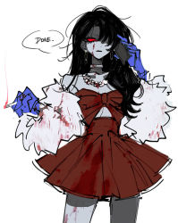 Rule 34 | 1girl, bare shoulders, bead necklace, beads, blood, blood on clothes, blood on face, blood on leg, blue gloves, cellphone, cigarette, collarbone, colored skin, detached sleeves, dress, earrings, english text, genderswap, genderswap (mtf), gloves, grey choker, grey skin, hair over one eye, holding, holding cigarette, holding phone, hoop earrings, humanization, jewelry, long hair, long sleeves, looking at viewer, necklace, one eye covered, open mouth, phone, red dress, red eyes, simple background, smartphone, smoking, solid eyes, solo, speech bubble, starscream, transformers, uchikaze, white background