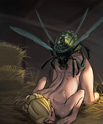 Rule 34 | 1girl, artist request, bent over, bestiality, blonde hair, bug, copyright request, hair bun, hands on ground, hay, highres, implied sex, looking back, non-web source, nude, sex, sex from behind, shoes, stable, tears, top-down bottom-up, wasp, wings