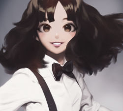Rule 34 | 1girl, album cover redraw, black bow, black bowtie, black hair, blush, bow, bowtie, brown eyes, brown hair, collared shirt, commentary, derivative work, english commentary, film grain, floating hair, grey background, grin, highres, juffles, light blush, lipstick, long hair, looking at viewer, makeup, medium hair, original, parted bangs, parted lips, pink lips, raised eyebrows, real life, shirt, smile, solo, suspenders, sweetest music, takeuchi mariya, teeth, upper body, white shirt