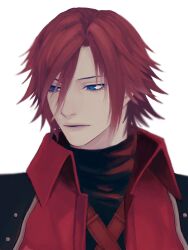Rule 34 | 1boy, armor, bishounen, black shirt, blue eyes, chest strap, coat, crisis core final fantasy vii, d8j0j, final fantasy, final fantasy vii, genesis rhapsodos, highres, looking to the side, male focus, parted lips, pauldrons, red coat, red hair, shirt, short hair, shoulder armor, solo, turtleneck, turtleneck shirt, upper body