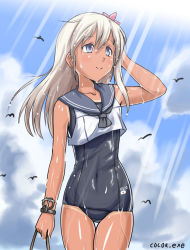 Rule 34 | 1girl, black one-piece swimsuit, blonde hair, blue sky, cloud, cocoa (cocoa0191), covered navel, cowboy shot, crop top, day, flower, grey eyes, hair flower, hair ornament, kantai collection, light rays, long hair, looking up, one-piece swimsuit, one-piece tan, outdoors, ro-500 (kancolle), school swimsuit, school uniform, serafuku, sky, smile, solo, sunbeam, sunlight, swimsuit, swimsuit under clothes, tan, tanline, thighhighs, twitter username, wet, wet clothes, wet swimsuit