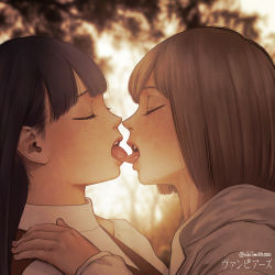 Rule 34 | 2girls, aria (vampeerz), black hair, blunt bangs, brown hair, closed eyes, commentary request, forest, french kiss, hands on another&#039;s shoulders, higashiyama shou, highres, ichika (vampeerz), kiss, long hair, multiple girls, nature, official art, short hair, teeth, tongue, tongue out, twitter username, upper teeth only, vampeerz, yuri
