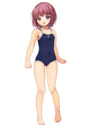 Rule 34 | 1girl, absurdres, aikawa aika, alice gear aegis, barefoot, blue one-piece swimsuit, braid, breasts, competition school swimsuit, crown braid, full body, highres, looking at viewer, one-piece swimsuit, open mouth, purple eyes, purple hair, school swimsuit, short hair, simple background, small breasts, solo, standing, swimsuit, white background, yashin (yasinz)