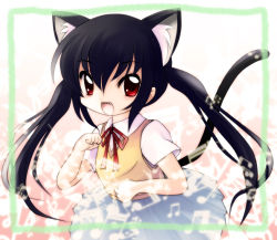Rule 34 | animal ears, black hair, cat ears, cat tail, highres, k-on!, long hair, nakano azusa, open mouth, red eyes, solo, tail, twintails, yume shokunin