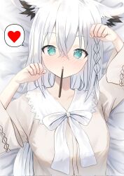 Rule 34 | 1girl, aisu (icicleshot), animal ear fluff, animal ears, bed sheet, blush, braid, commentary request, food in mouth, fox ears, fox girl, green eyes, hair between eyes, heart, highres, hololive, long hair, looking at viewer, lying, on back, paw pose, pocky, pocky in mouth, shirakami fubuki, shirakami fubuki (street), shirt, sidelocks, single braid, solo, spoken heart, virtual youtuber, white hair, white shirt