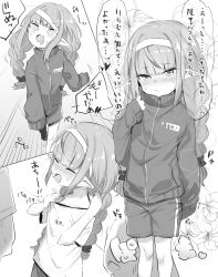 Rule 34 | 1girl, @ @, absurdres, bandaid, bandaid on knee, bandaid on leg, blush, braid, closed mouth, floral background, greyscale, headband, highres, jacket, long hair, makaino ririmu, monochrome, multiple views, nijisanji, open clothes, open mouth, open shirt, pointy ears, running, shirt, shorts, standing, track jacket, translation request, twin braids, utsusumi kio, virtual youtuber