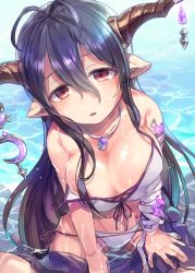 Rule 34 | 10s, 1girl, antenna hair, bikini, black hair, breasts, danua, draph, eyebrows, female focus, fuji fujino, gradient background, granblue fantasy, hair between eyes, horn ornament, horns, jewelry, large breasts, long hair, looking at viewer, necklace, open mouth, pointy ears, red eyes, sitting, solo, strap gap, strap slip, swimsuit, water, wet