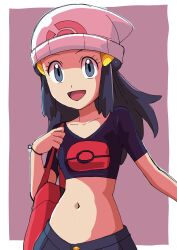 1girl :d absurdres bag beanie blue_eyes blue_hair blue_shirt bracelet creatures_(company) cropped_shirt dawn_(pokemon) game_freak hainchu handbag hat highres jewelry long_hair midriff navel nintendo open_mouth poke_ball_print pokemon pokemon_(anime) pokemon_dppt_(anime) shirt smile solo white_hat