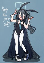 Rule 34 | 1girl, 2023, absurdly long hair, alternate costume, animal ears, aris (blue archive), arms up, bare shoulders, black hair, black leotard, blue archive, blue background, blue necktie, blush, closed eyes, covered navel, detached collar, fake animal ears, full body, hair between eyes, halo, happy new year, highres, leotard, long bangs, long hair, mikaku (vbvpahw9), necktie, new year, one side up, open mouth, pantyhose, playboy bunny, rabbit ears, shoes, smile, solo, standing, very long hair, white pantyhose, wrist cuffs