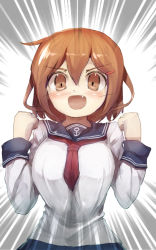 Rule 34 | 10s, 1girl, :d, alternate breast size, blush, breasts, brown eyes, brown hair, fang, hair ornament, hairclip, highres, ikazuchi (kancolle), kantai collection, large breasts, looking at viewer, open mouth, personification, sakimori dan, school uniform, serafuku, short hair, skirt, smile, solo