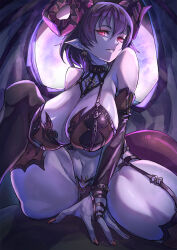 Rule 34 | 1girl, breasts, bridal gauntlets, colored skin, commission, demon girl, demon horns, demon tail, demon wings, earrings, elbow gloves, fingernails, full moon, gloves, highres, horns, jewelry, large breasts, looking at viewer, moon, nail polish, navel, original, parted lips, pointy ears, purple hair, purple skin, red eyes, revealing clothes, sharp fingernails, short hair, shouma (bravespiritya), skeb commission, solo, tail, thighhighs, wings