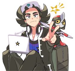 Rule 34 | 1boy, bag, black eyes, blue vest, blush, bright pupils, cable, closed mouth, collared shirt, commentary request, computer, creatures (company), game freak, gen 5 pokemon, giacomo (pokemon), hat, headphones, highres, jacket, laptop, looking at viewer, male focus, nintendo, nyoripoke, open clothes, open jacket, pants, pawniard, pointy hair, pokemon, pokemon (creature), pokemon sv, shirt, smile, team star, twitter username, vest, white hat, white pupils, white shirt, zipper
