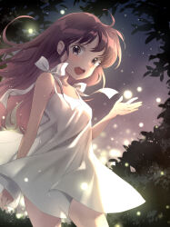 Rule 34 | 1girl, :d, arm at side, bare arms, bare shoulders, bow, brown eyes, brown hair, bush, contrapposto, cowboy shot, dress, floating hair, glowing, hand up, light blush, light particles, long hair, looking at viewer, night, open mouth, original, outdoors, plant, see-through silhouette, short dress, sleeveless, sleeveless dress, smile, solo, standing, sundress, swept bangs, teeth, unya (unya-unya), upper teeth only, white bow, white dress