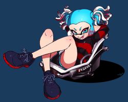 Rule 34 | 1girl, arms behind head, black shorts, blue background, blue eyes, blue footwear, blue hair, commentary request, cross-laced footwear, crossed legs, dated, dolphin shorts, fangs, gradient eyes, gradient hair, gym shorts, inkling, inkling girl, inkling player character, long sleeves, lying, multicolored eyes, multicolored hair, nintendo, on back, open mouth, pointy ears, red eyes, red hair, red shirt, shadow, shirt, shoes, short hair, short shorts, short twintails, shorts, smirk, solo, splatoon (series), splatoon 2, striped clothes, striped shirt, tentacle hair, twintails, yeneny
