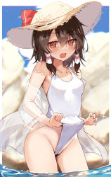 Rule 34 | 1girl, alternate costume, blush, breasts, brown eyes, brown hair, brown hat, clothes pull, collarbone, commentary request, efe, frontal wedgie, hair between eyes, hair tubes, hakurei reimu, hat, highres, hip focus, looking at viewer, medium breasts, one-piece swimsuit, one-piece swimsuit pull, open mouth, partially submerged, red eyes, rock, short hair, small breasts, solo, straw hat, sweatdrop, swimsuit, thighs, touhou, water, wedgie, white one-piece swimsuit