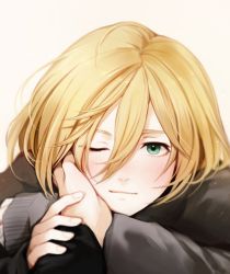 Rule 34 | 1boy, ;), blonde hair, blush, closed mouth, gradient background, green eyes, hair between eyes, hand on another&#039;s cheek, hand on another&#039;s face, long sleeves, lying, male focus, on stomach, one eye closed, pinkiepies2, pov, simple background, smile, solo focus, yuri!!! on ice, yuri plisetsky