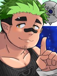 Rule 34 | 1boy, :3, bandaid, bandaid on face, bandaid on nose, bara, black bandaid, black hair, black tank top, brown eyes, facial hair, goatee stubble, green hair, grimori (live a hero), highres, horokeikam love, index finger raised, live a hero, looking at viewer, male focus, mature male, multicolored hair, pectoral cleavage, pectorals, pointy ears, short hair, sideburns, smile, solo, star (symbol), starry background, stubble, tank top, thick eyebrows, two-tone hair, upper body
