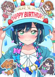 Rule 34 | 4girls, adjusting clothes, adjusting headwear, birthday, birthday cake, birthday sash, black hair, blazer, blue eyes, blue hair, blue hat, blue jacket, blunt bangs, blush, bob cut, bow, braid, brown hair, cake, cake hat, camera, casual, chibi, closed mouth, commentary, confetti, delicious party precure, dog, food, fuwa kokone, gift, green eyes, hair ornament, hair ribbon, hairclip, happy birthday, hat, highres, holding, holding camera, holding gift, holding plate, jacket, long sleeves, looking at viewer, moro precure, multiple girls, pam-pam (precure), paper chain, plate, precure, purple eyes, red eyes, ribbon, shirt, shirt bow, short hair, smile, solo focus, translated, twin braids, twitter username, two-tone hat, two side up, watch, white bow, white hat, white shirt, wristwatch