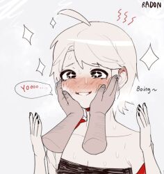 Rule 34 | 1girl, 1other, ahoge, artist name, black eyes, colored skin, hands on another&#039;s cheeks, hands on another&#039;s face, highres, menchi (radon86 nya), off shoulder, original, portrait, radon86 nya, short hair, single bare shoulder, sparkle, speech bubble, sweat, white hair, white skin