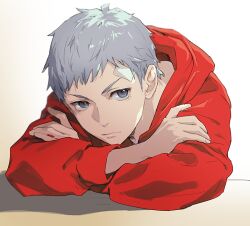 Rule 34 | 1boy, bandaid, bandaid on face, blue eyes, closed mouth, commentary request, crossed arms, expressionless, eyelashes, grey hair, hood, hood down, hoodie, isa (peien516), looking to the side, male focus, persona, persona 3, portrait, red hoodie, sanada akihiko, shadow, short hair, solo, very short hair, white background