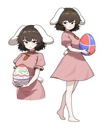 Rule 34 | 1girl, animal ears, bare legs, barefoot, brown eyes, brown hair, carrot, carrot necklace, cocktiel77, commentary request, dress, easter egg, egg, floppy ears, highres, holding, holding egg, inaba tewi, jewelry, multiple views, necklace, pink dress, rabbit ears, rabbit girl, rabbit tail, short dress, short hair, simple background, tail, touhou, white background