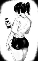 Rule 34 | 1girl, absurdres, alternate costume, ass, cellphone, cellphone photo, closed mouth, commentary, english commentary, fingernails, from behind, glasses, greyscale, highres, holding, holding phone, jujutsu kaisen, long hair, masoq, monochrome, phone, ponytail, profile, round eyewear, shirt, short shorts, short sleeves, shorts, solo, t-shirt, thighs, zen&#039;in maki