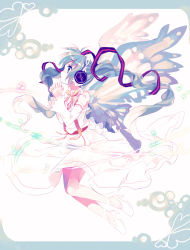 Rule 34 | 1girl, amezawa koma, angel wings, blue eyes, blue hair, butterfly wings, detached sleeves, dress, flying, hatsune miku, headphones, headset, high heels, highres, insect wings, long hair, matching hair/eyes, musical note, no socks, own hands clasped, own hands together, profile, ribbon, shoes, solo, twintails, vocaloid, wings