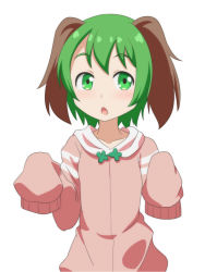 Rule 34 | 1girl, animal ears, arms up, blush, cato (monocatienus), chestnut mouth, collarbone, commentary request, green eyes, green hair, hair between eyes, jacket, kasodani kyouko, light blush, looking at viewer, open mouth, pink jacket, short hair, simple background, sleeves past fingers, sleeves past wrists, solo, standing, thick eyebrows, touhou, upper body, white background