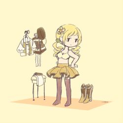 Rule 34 | 10s, 1girl, ankaris, beret, blonde hair, boots, bra, chair, clothes hanger, corset, dressing, drill hair, full body, hair ornament, hat, magical girl, mahou shoujo madoka magica, mahou shoujo madoka magica (anime), simple background, solo, soul gem, striped clothes, striped thighhighs, thighhighs, tomoe mami, twin drills, twintails, underwear, vertical-striped clothes, vertical-striped thighhighs, yellow background
