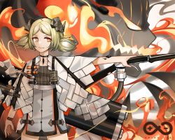 Rule 34 | 1girl, arknights, black choker, blonde hair, breasts, canister, chinese commentary, choker, closed mouth, coat, cowboy shot, demon, demon horns, doc.chen, english text, fire, flamethrower, gas tank, high-waist skirt, horns, ifrit (arknights), jewelry, lips, looking to the side, material growth, medium hair, necklace, orange eyes, oripathy lesion (arknights), outstretched arm, parted bangs, rhine lab logo, skirt, small breasts, smile, solo, spirit, striped, thighs, twintails, vertical stripes, weapon, white coat, white skirt